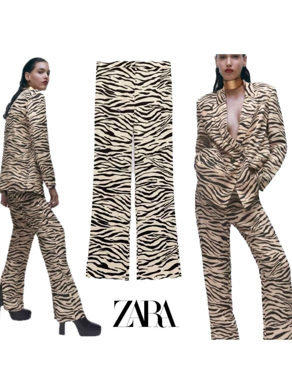 Zara cream black tiger animal print satin effect pyjama pants back slit M NWOT